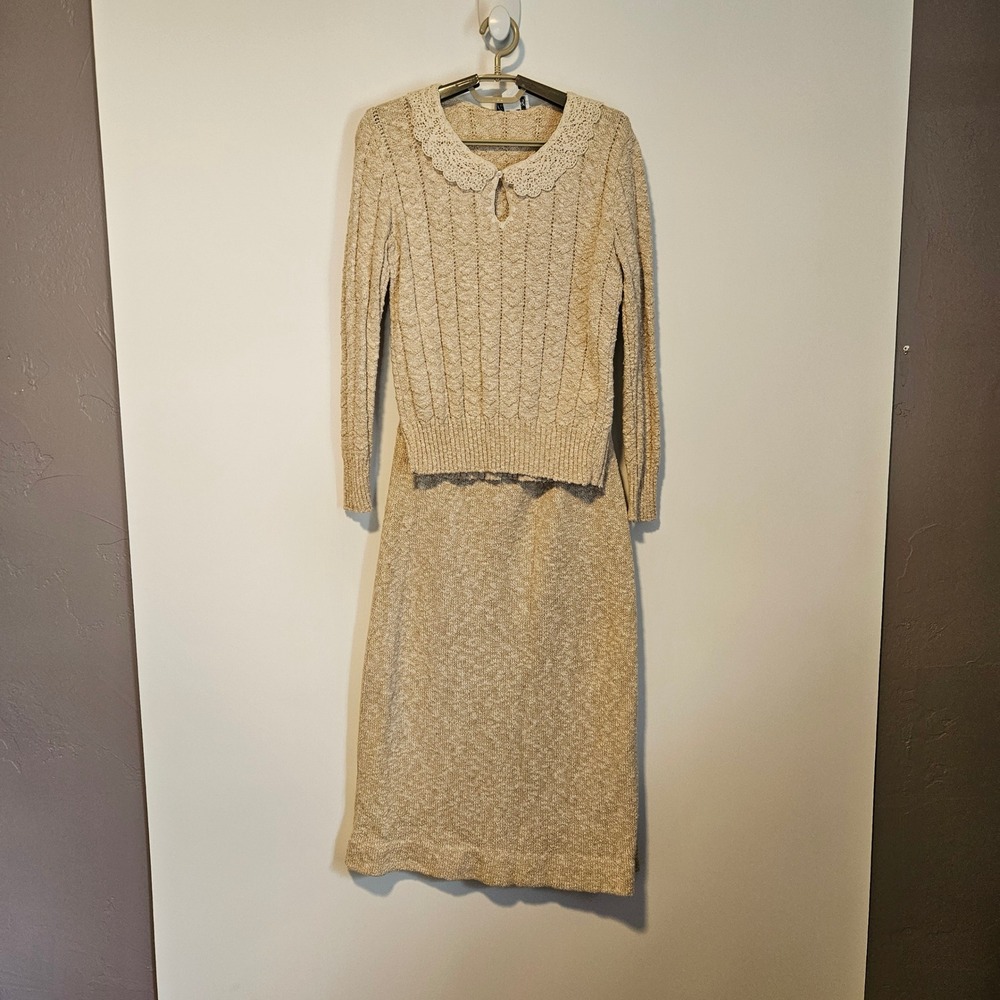 Vintage Cuddle Knit Sweater & Skirt Set Crochet Lace Collar Cottagecore Neutral
